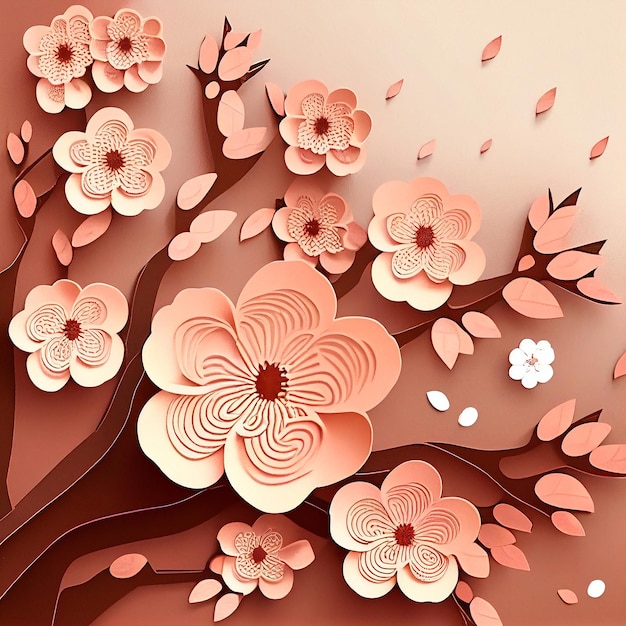 Fondo de flor de cerezo de sakura de primavera en estilo de corte de papel IA generativa