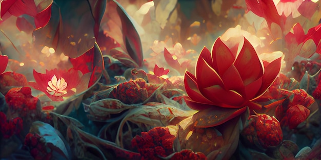 Fondo de flor de loto. Lotus luz roja Naturaleza Fantasía 3D Ilustración.