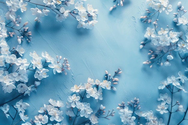 El fondo de la flor de primavera azul pastel es el banner de la vista superior