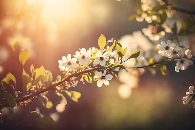 Fondo de flor de primavera. Escena de la naturaleza con árboles florecientes y destellos solares. Flores de primavera. Hermoso