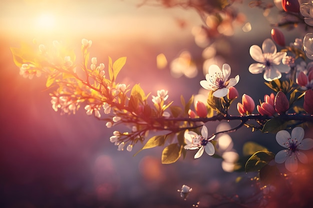 Fondo de flor de primavera. Escena de la naturaleza con árboles florecientes y destellos solares. Flores de primavera. Hermoso