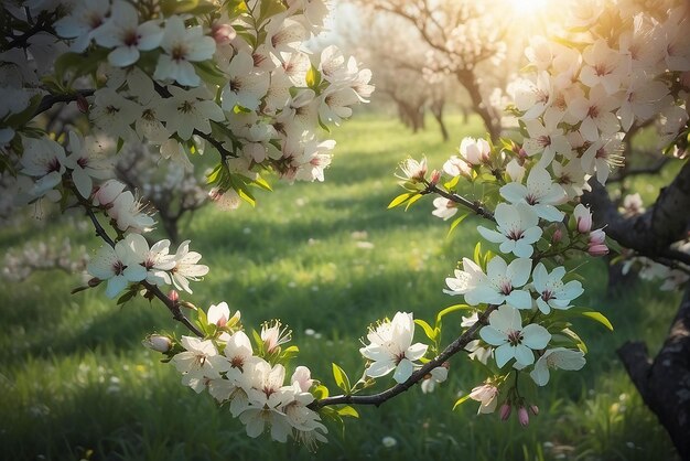 Fondo de flor de primavera hermosa escena de la naturaleza con árbol en flor y llamarada de sol día soleado flores de primavera hermoso huerto abstracto fondo borroso primavera