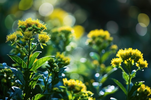 El fondo de la flor de la Rhodiola Rosea dorada y verde