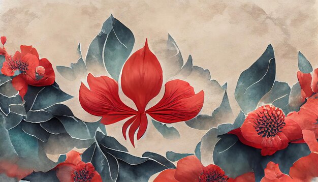 Fondo de flor roja dibujada a mano con patrón japonés y patrón floral ilustración 3d