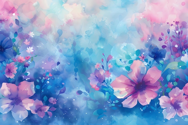 Fondo floral de acuarela con amapolas azules y rosas Ilustración dibujada a mano