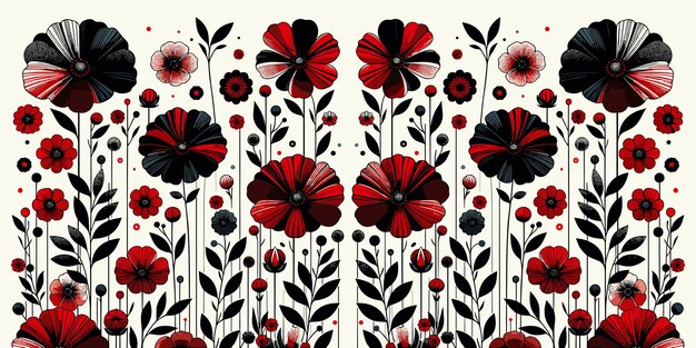 Fondo floral con amapolas rojas y negras tela textil ilustración gráfica vectorial