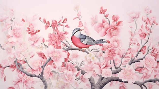 Foto fondo floral con ave color rosa (color de rosa) el color de la flor es el mismo que el de la fruta.