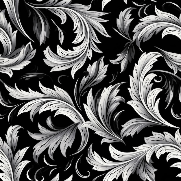 un fondo floral blanco y negro con remolinos y hojas generativas ai