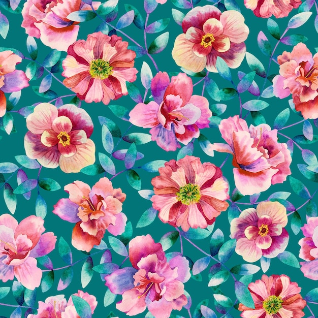 Fondo floral sin costuras Patrón con hermosas flores de acuarela Ilustración botánica dibujada a mano Textura para embalaje textil de tela impresa