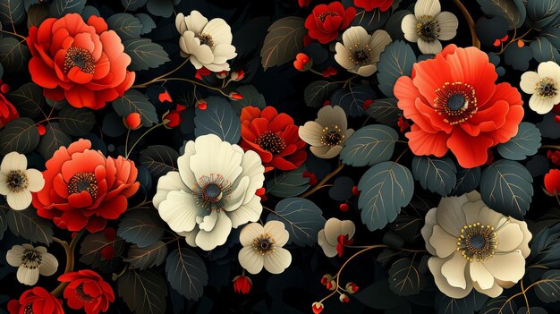 Un fondo floral sin costuras con un patrón japonés moderno Hay flores rojas y negras dispuestas en patrones geométricos