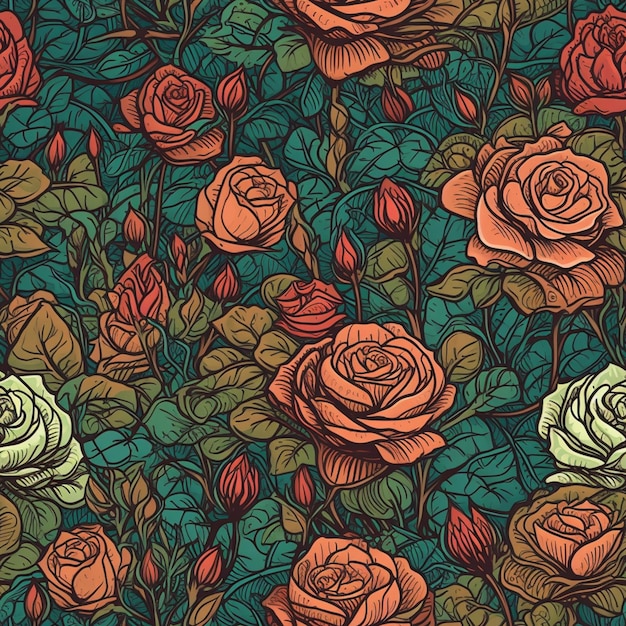 fondo floral sin costuras con rosas y hojas generativas ai