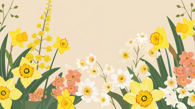 Un fondo floral enmarcado con flores en flor narcisos y mimosas cartel de la temporada Una planta delicada y suave Ilustración moderna