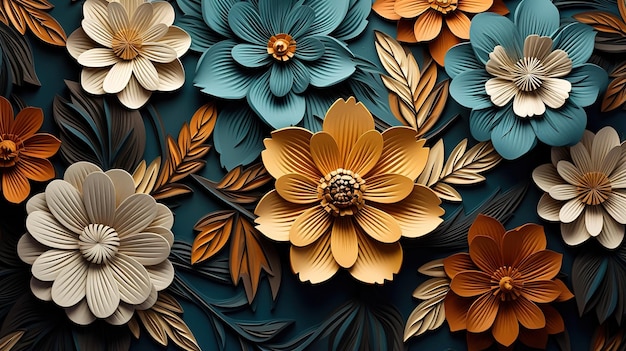 Fondo floral de flores y hojas volumétricas de otoño papel tapiz de arte de pared
