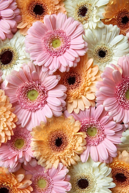 Fondo floral natural de gerbera blanca, rosa, naranja, como una postal en el día de San Valentín o el día de la madre. Endecha plana.