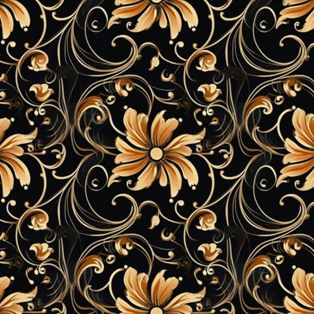 un fondo floral negro y dorado con flores doradas. IA generativa.