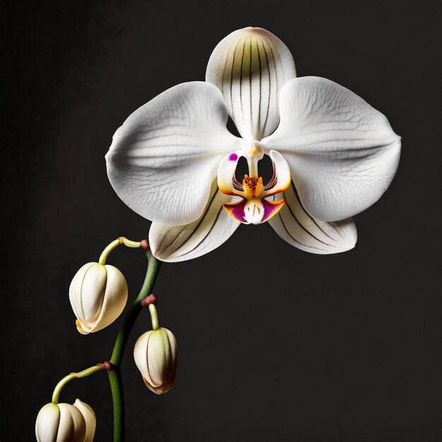 Foto fondo floral con una orquídea blanca aislada sobre fondo negro_ up close_ espacio para el diseño