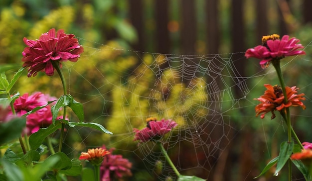 Fondo floral de otoño Gran arbusto denso con flores de otoño Un hermoso arbusto crece en el jardín Hermosos arbustos de flores están cubiertos de telarañas de otoño en un macizo de flores cerca de la casa