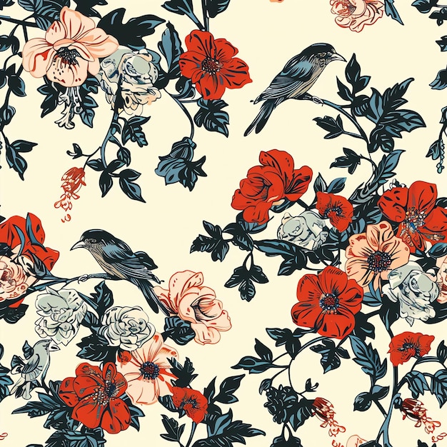 un fondo floral con un pájaro y flores