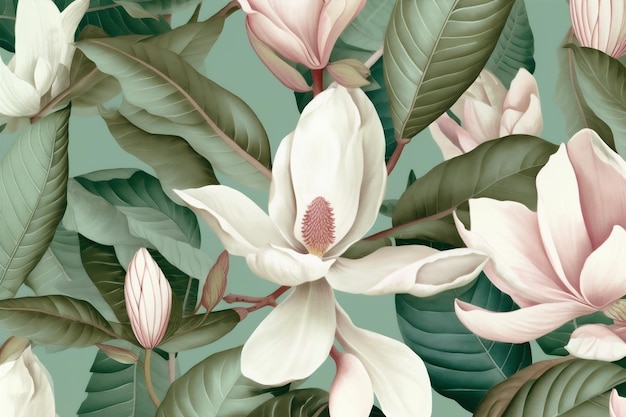 Fondo floral patrón acuarela papel tapiz flor decoración hoja sin costura planta magnolia IA generativa