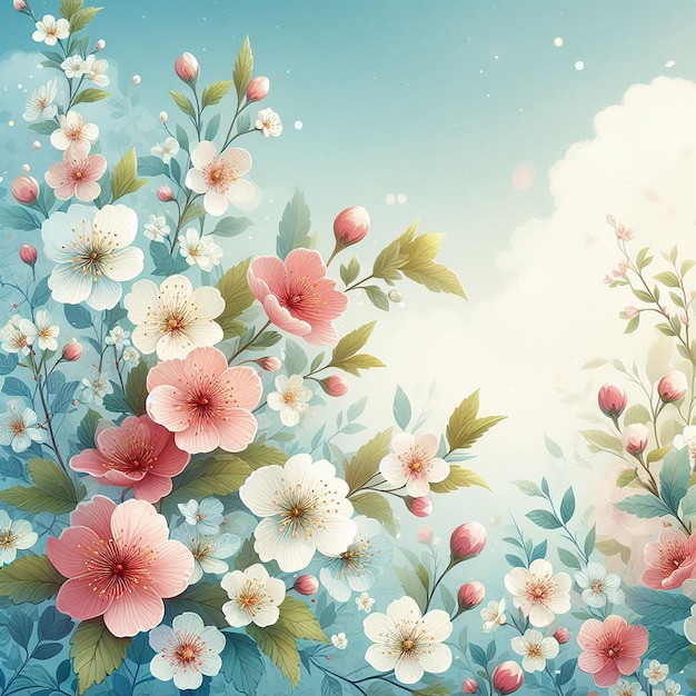 Fondo floral de primavera y cielo azul