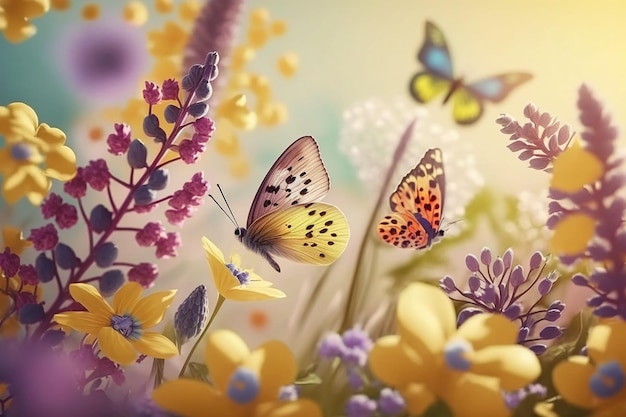 Fondo floral de primavera con coloridas mariposas y espacio de copia ai generativo