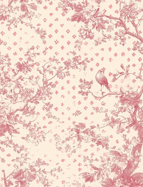 un fondo floral rosa con un pájaro en él