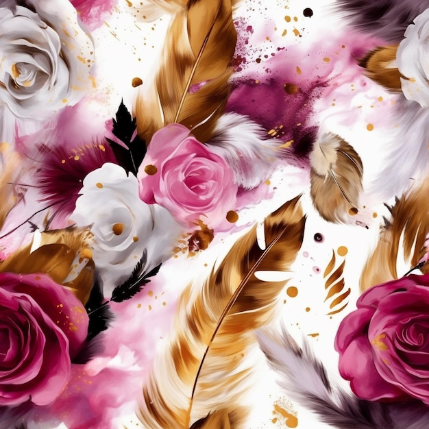 Un fondo floral con rosas y plumas rosas y blancas.