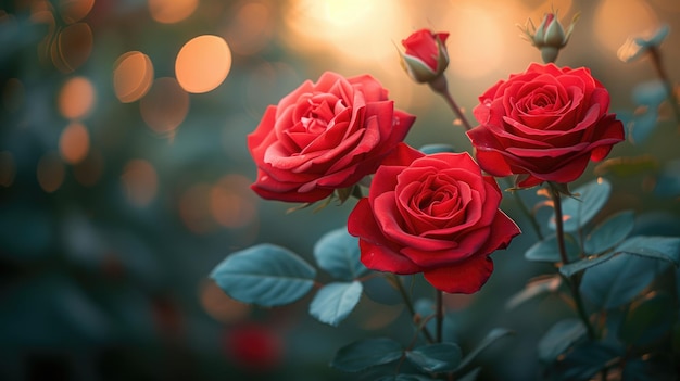 Un fondo floral con rosas rojas en un enfoque suave con luces bokeh