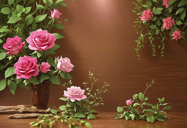 Fondo floral de rosas rosas y blancas en una madera oscura