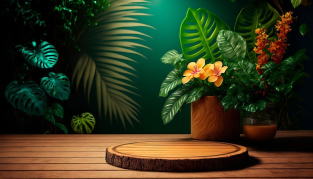 Fondo floral verde tropical para exhibición y presentación de productos Mesa de madera