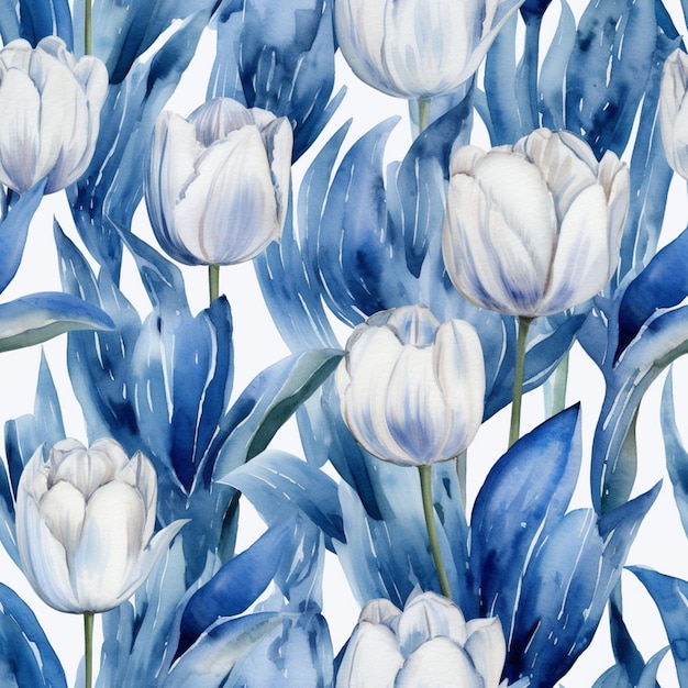 Un fondo de flores azules y blancas con tulipanes blancos.