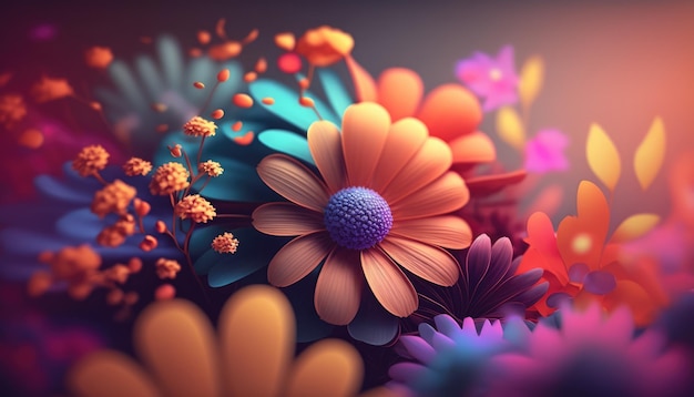 Un fondo de flores de colores con un fondo azul y naranja