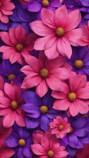 Un fondo de flores coloridas con un patrón de flores rosas y púrpuras