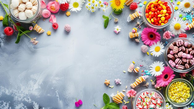 Fondo con flores dulces como decoración vista superior con espacio de copia