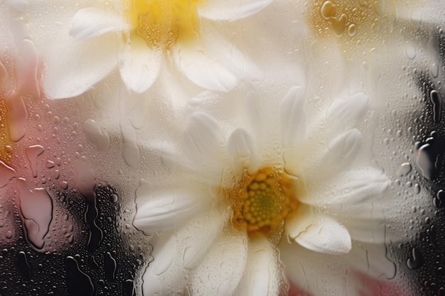 Fondo de flores en flor frente a un cristal con gotas de agua