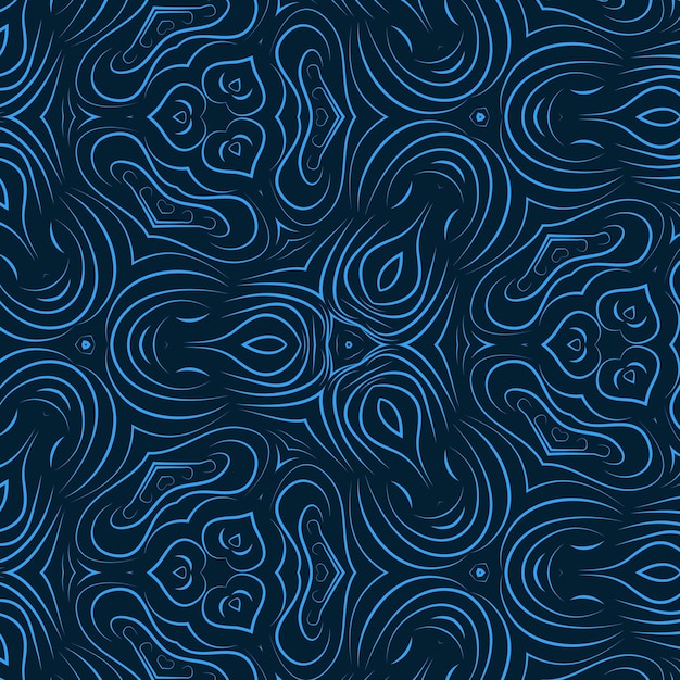 Fondo de flores de línea rizada abstracta de color azul. Caleidoscopio de formas curvas delicadas de papel tapiz de patrón de color brillante