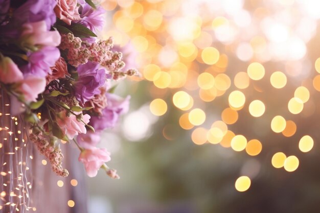 Fondo de flores con luces bokeh y espacio de copia