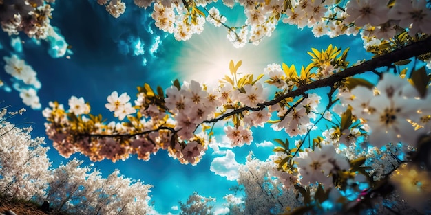 Fondo de flores de primavera con flores de cerezo blancas AI generativa