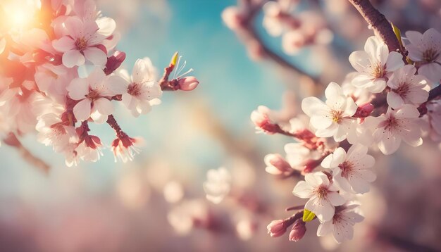 Foto fondo de flores de primavera hermosa escena de la naturaleza con árboles en flor y llamaradas solares