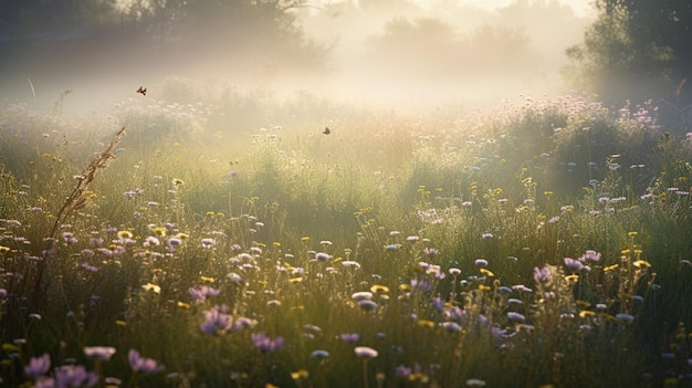 Fondo de flores silvestres manzanilla y guisante silvestre púrpura con luz solar Imagen AI generativa