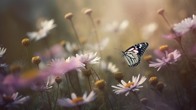 Fondo de flores silvestres manzanilla y guisante silvestre púrpura con luz solar Imagen AI generativa