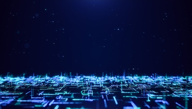 Fondo de flujo de partículas de matriz futurista digital abstracto, volando a través del concepto de tecnología de ciberespacio de línea de datos grandes de neón azul brillante