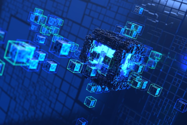 Foto fondo de forma de cubos futuristas abstractos concepto de tecnología blockchain big data fondo abstracto de cubos 3d render