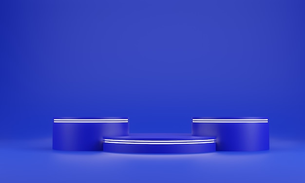 Fondo de forma de geometría abstracta azul. Podio azul y escena de maqueta de barra luminosa blanca para cosméticos u otro producto, representación 3D