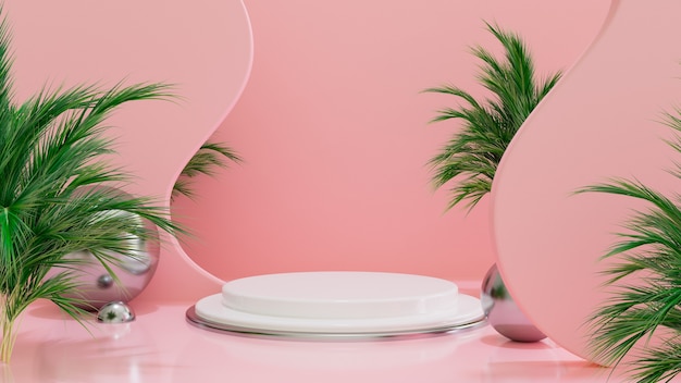 Fondo de forma de geometría rosa abstracta con geometría con podio de hojas tropicales escena de maqueta minimalista representación 3d