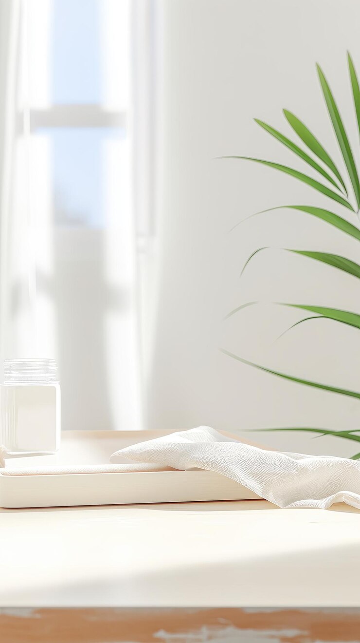 fondo formado por una hoja de helecho verde una tabla blanca en la mesa