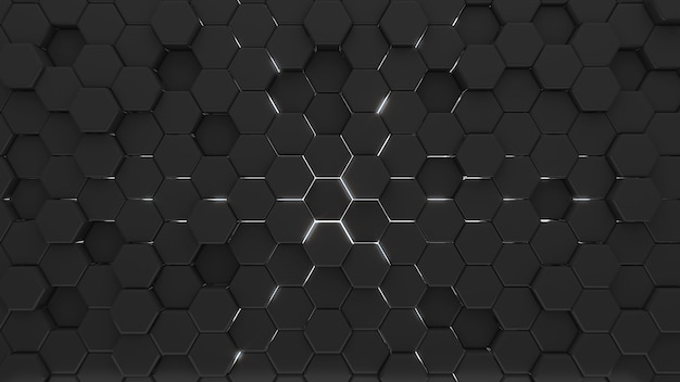 Fondo de formas abstractas hexágono negro con luz, renderizado 3d