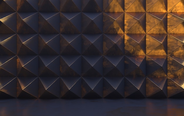 Fondo con formas geométricas triangulares, pirámides en tonos oscuros con acentos dorados, render 3d