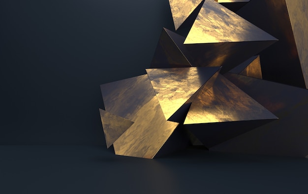 Fondo con formas geométricas triangulares, pirámides en tonos oscuros con acentos dorados, render 3d