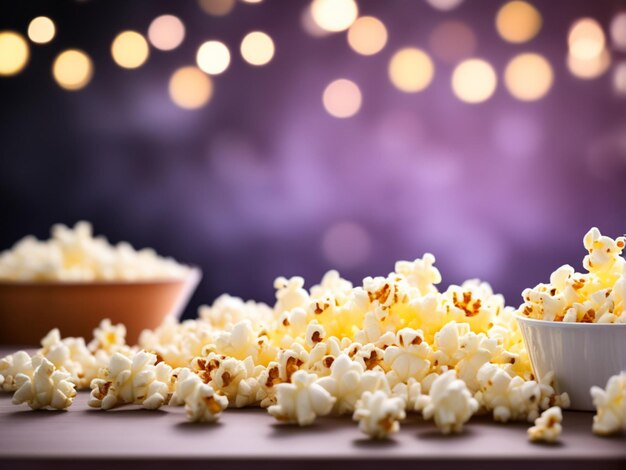 Fondo de fotografía de comida oscura Palomitas de maíz en la mesa y luces bokeh en el fondo desenfocado